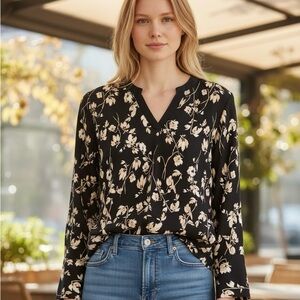 Nordstrom Elegant Black and Cream Floral Top